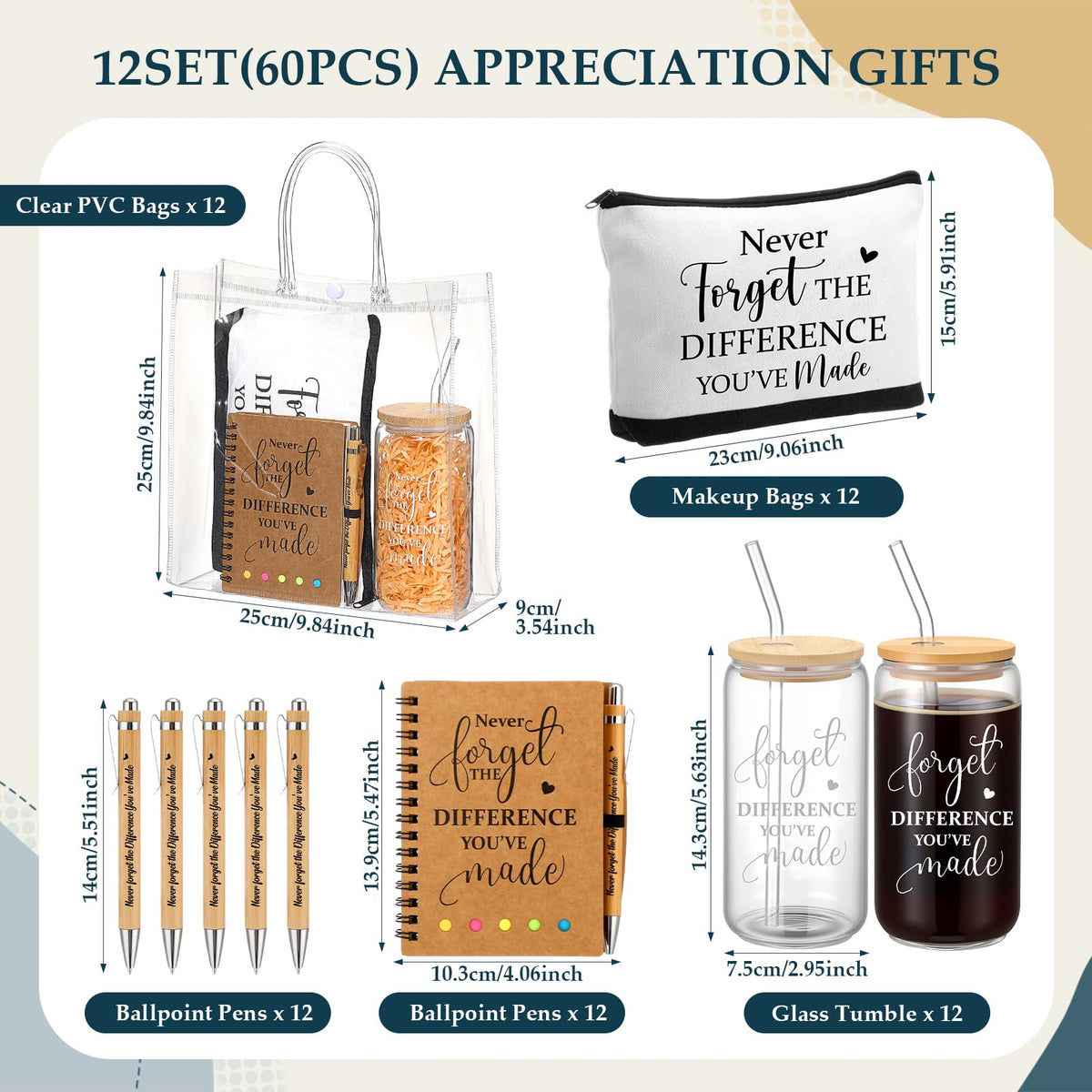 Yeyeplum 60 Pcs Employee Appreciation Gifts Bulk Inspirational Glass Cup Makeup Bag Bamboo Pen Motivational Notebook and Bag for Volunteer Lab Week Teachers Nurses Office Staff (Never Forget)