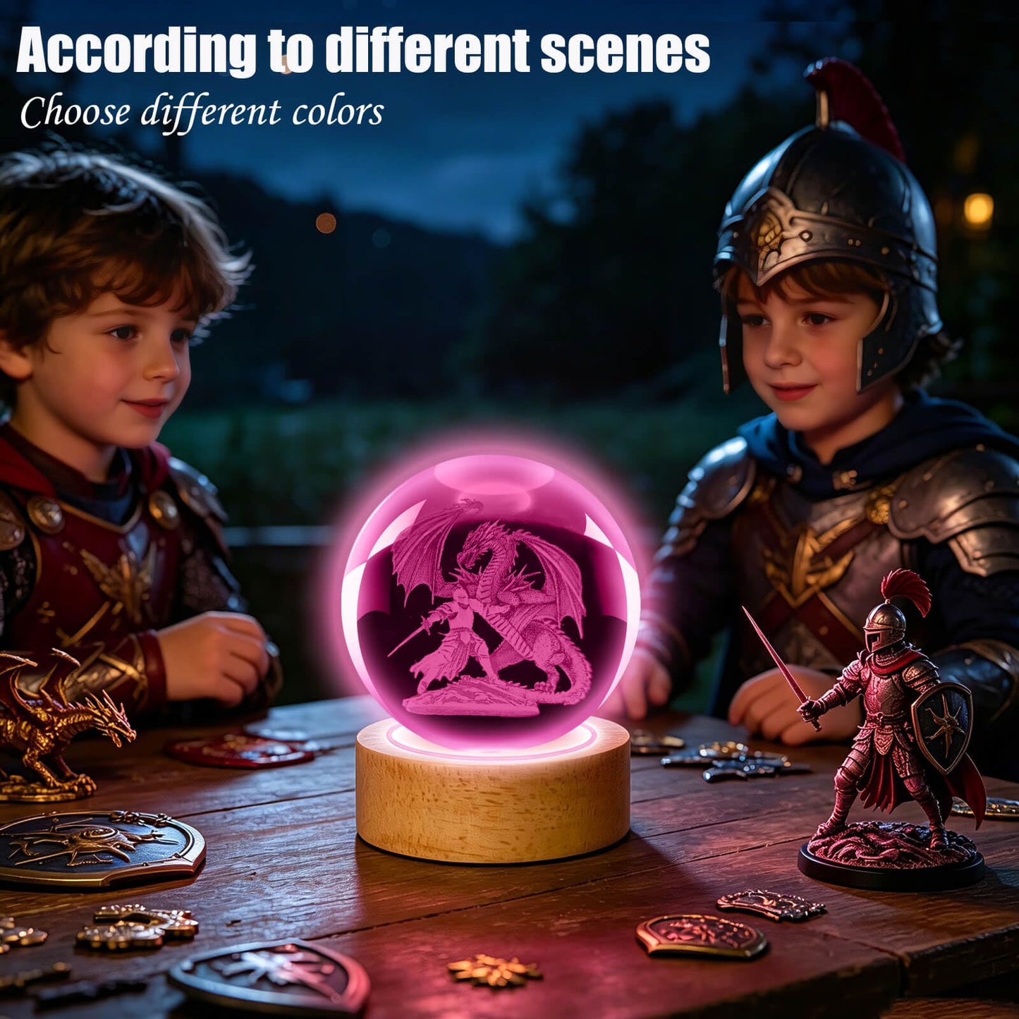 LINSINA 3D Dragon and Knight Lamp, 3.15in 16 Colors Crystal Ball Night Light with Wooden Base and Remote Control, Birthday Gift and Dragon Gifts for Women Men Kids
