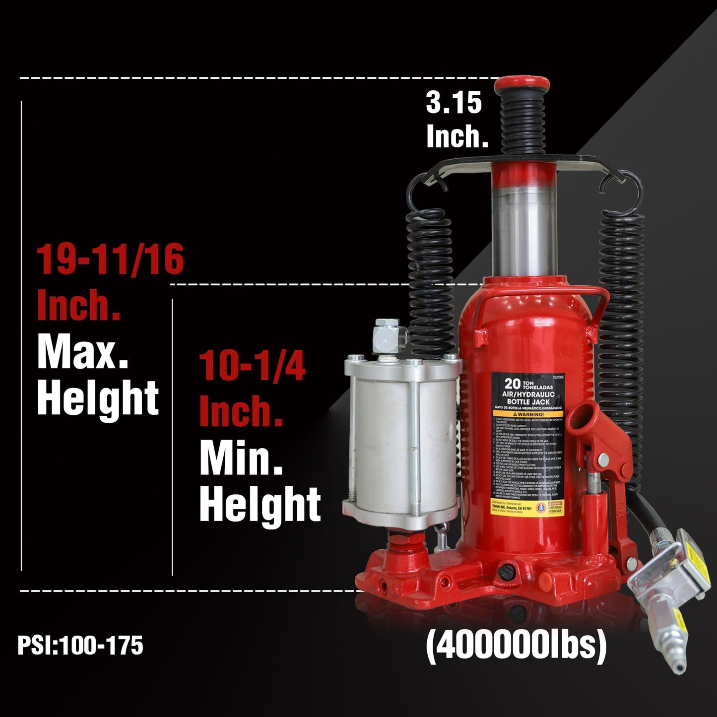 Big RED TQ20006-1 Torin Welded Pneumatic Air Hydraulic Car Bottle Jack: Aluminum Alloy Pump and Special Slow Release Equipment for Auto Repair and House Lift, 20 Ton (40,000 LBs) Capacity, Red