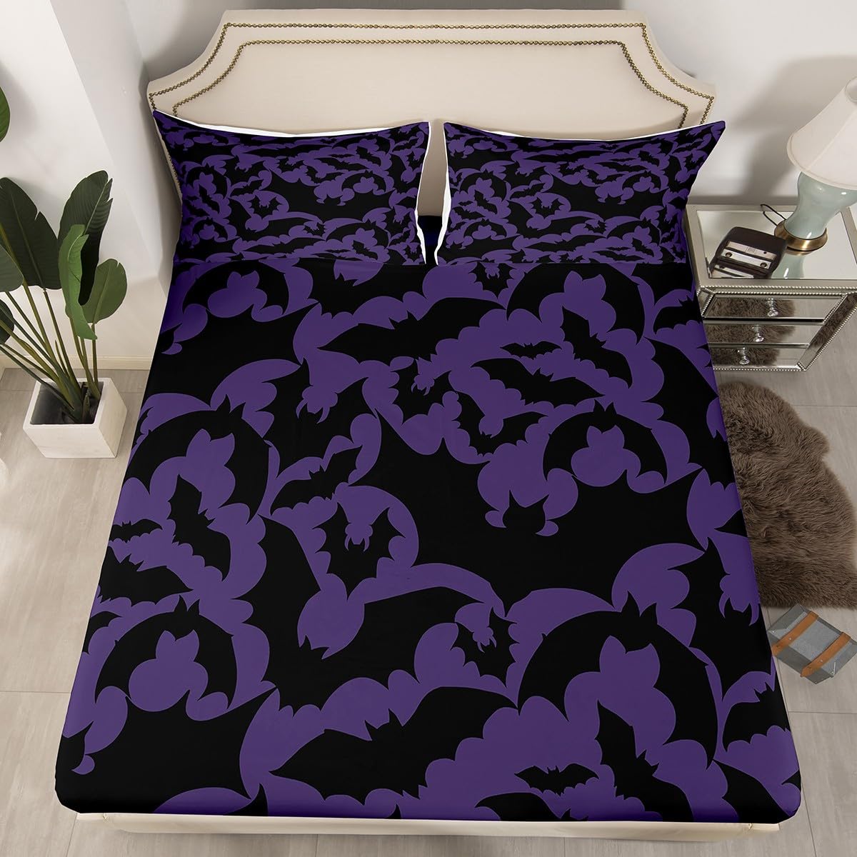 Castle Fairy Halloween Themed Bed Sheet Set King Size,Black Bats Animal Print Fitted Sheet + 1 Flat + 1 Pillowcase,Dark Purple Color Polyester Bed Mattress Cover, Gift for Man Couple