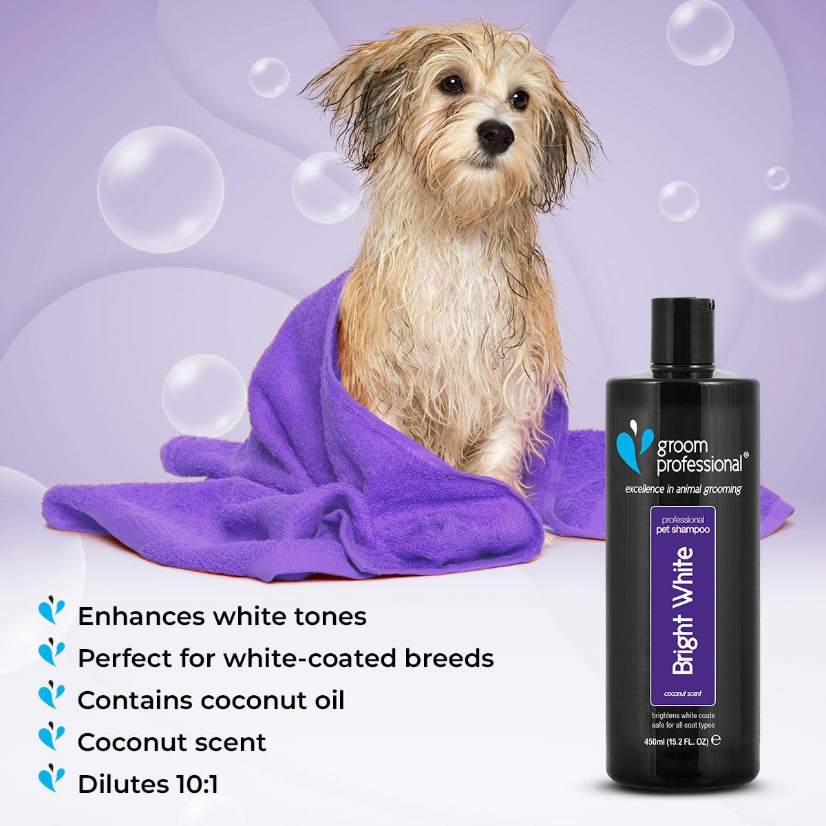 GROOM PROFESSIONAL Bright White Dog Shampoo - Coat Whitening Shampoo for Dogs - Enhances White Tones - Deep Cleansing Formula for Dirty Coats - Added Coconut Oil for Soothing Dry or Itchy Skin, 1L