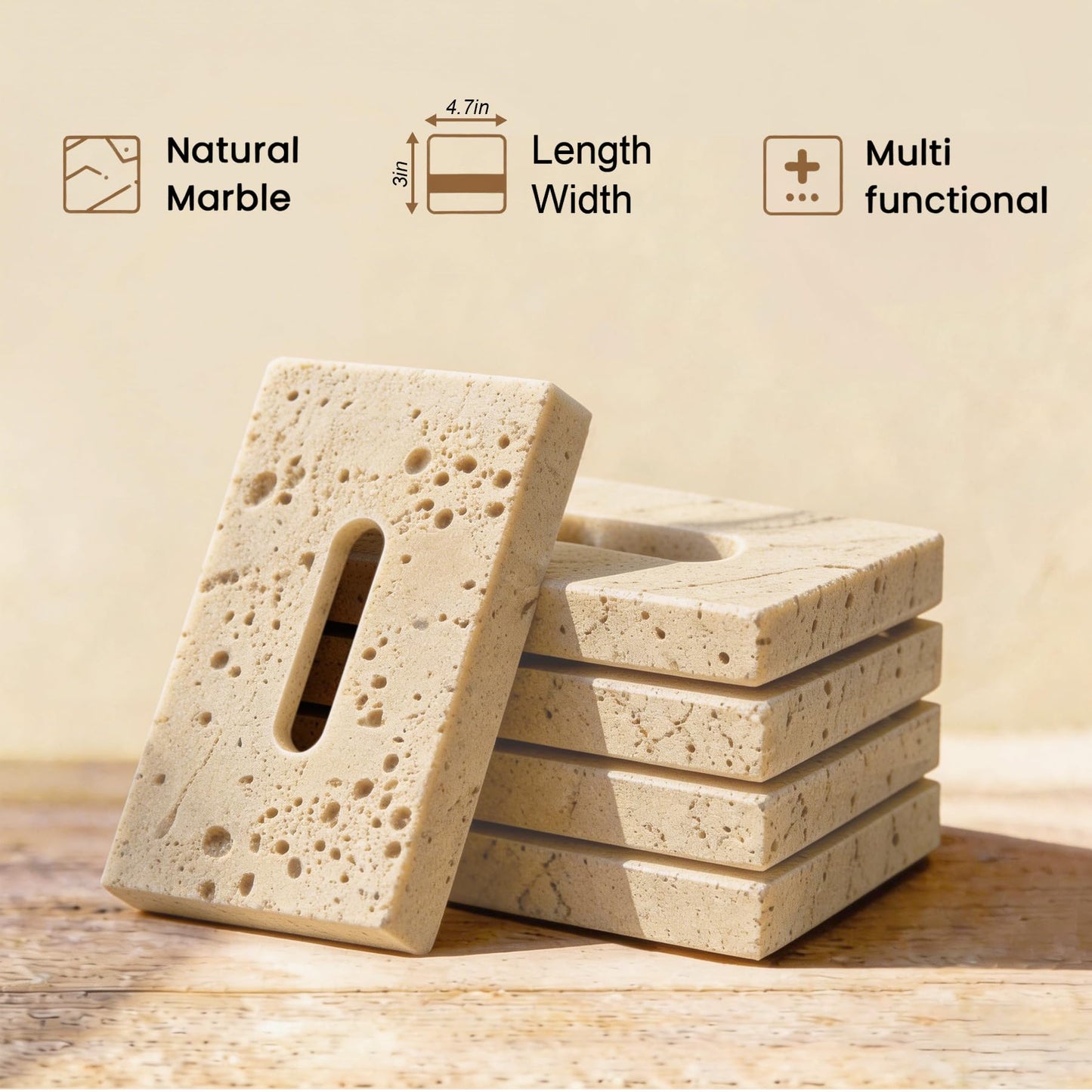 Natural Marble Soap Dish for Shower Stone Tray Small Bar Soap Holder with Self Draining | Non-Slip, Luxury Bath Room Accessories, Sponge Dish Scrubbers Tray for Kitchen Sink Counter Top (Travertine)