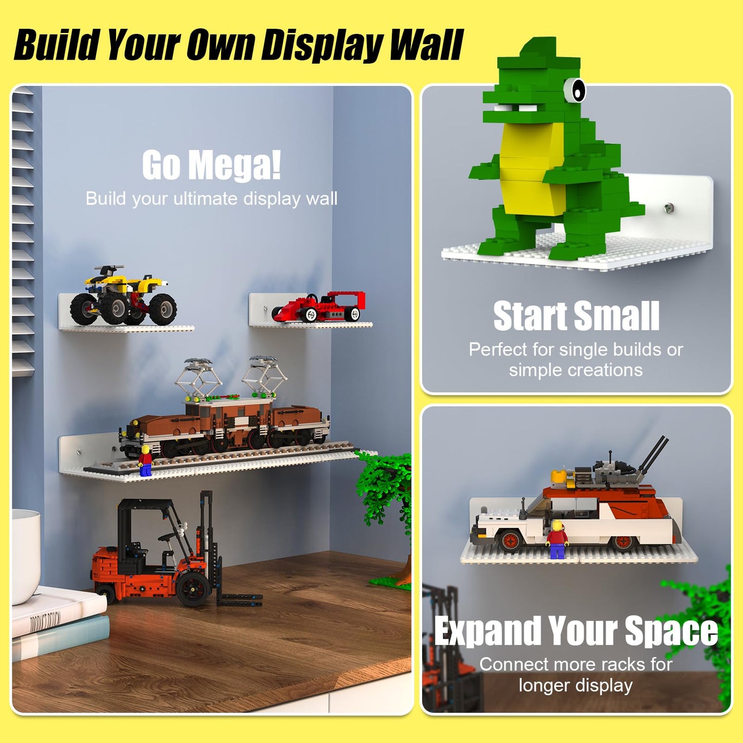 BlissBox 6-Pack Floating Shelves for Wall Compatible with Lego Building Bricks, 5x5.5inch Dual‑Sided 16x17 Studs for Toy Brick Storage and Display, ABS Display Shelves for Room Decor, White