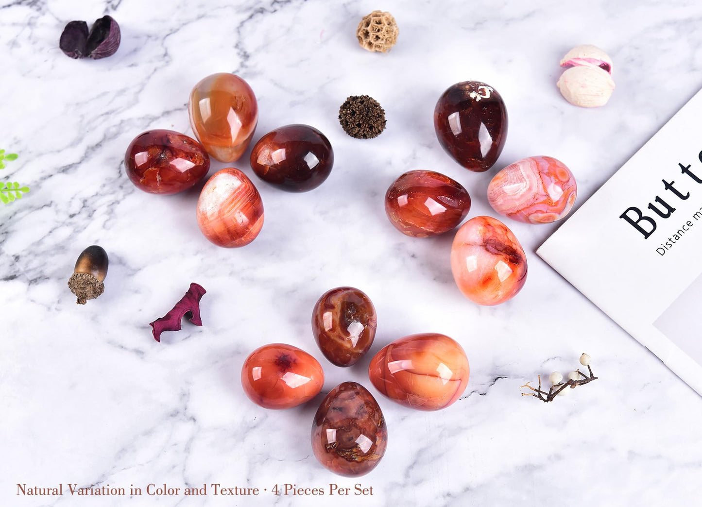 AMOYSTONE Red Agate Eggs Set of 4 (Polished Banded Agate) - Natural Gemstone Specimens with Wooden Base for Display & Collection (1.5-2 Inch, 2.8 oz)