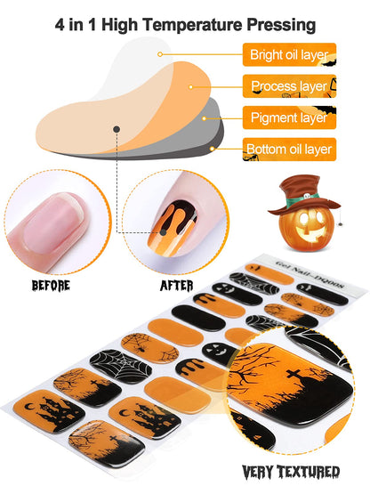 Halloween Cured Gel Nail Polish Strips, TOROKOM 20 Stickers Halloween Gel Nail Polish Stickers Full Wraps Nail Art Stickers Bat Spider Net Face Gel Stickers with Nail File and Stick