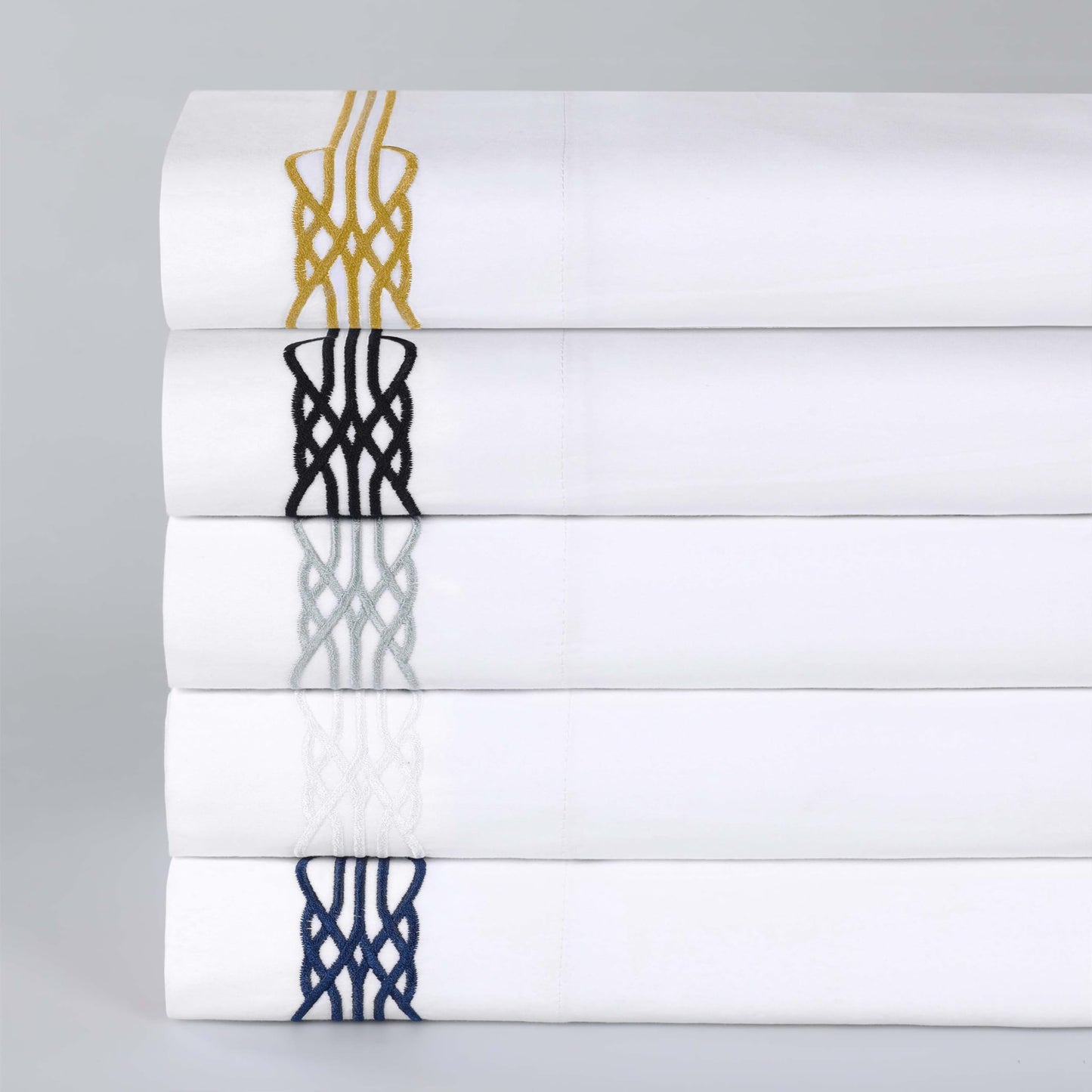 Superior Embroidered Cotton Bed Sheet Set, 1 Elastic Deep Pocket Fitted Sheet, 1 Flat Sheet, 2 Pillowcases, Daily Soft Sheets, Luxury, Elegant Design, Moonlawn Collection, Queen Size, White/Navy Blue