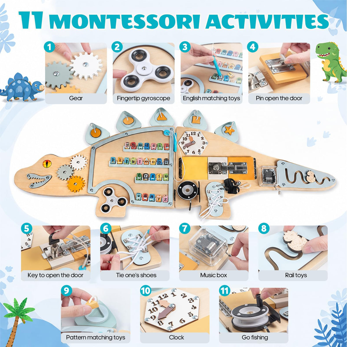 BROWNROOT Dinosaur Activity Wall Busy Board 11 in 1 Foldable Wooden Montessori Sensory Panel for Kids Wall Mounted Toddler Learning Activity Center for Playroom Daycare Nursery Classroom 3-6