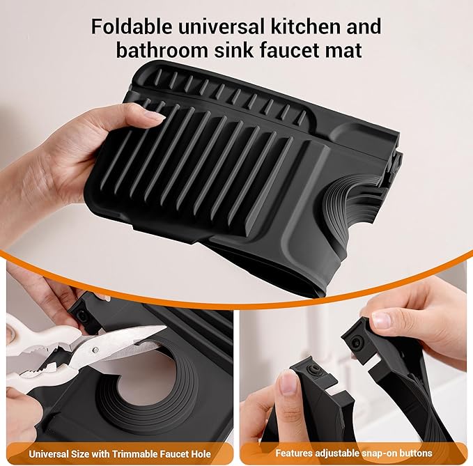 Faucet Mat for Kitchen Sink, Snap-On Design & 7°slope Fast Drain, Folding Sink