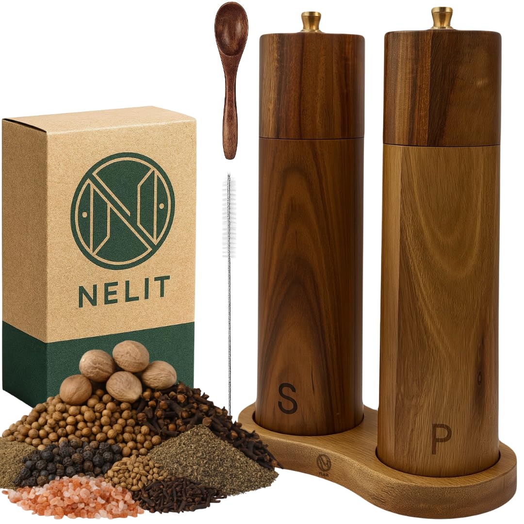 N Nelit Wooden Salt and Pepper Grinder Set: 8 Inch Refillable Acacia Salt & Pepper Mills with Adjustable Ceramic Grinder, Manual Spice Grinder for Customized Coarseness, Gift for Father's Day