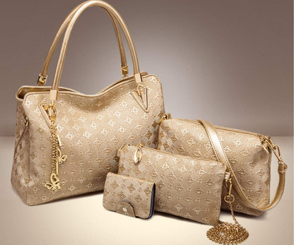FiveloveTwo Women PU Ladies Handbag Purse Tote Satchel Shoulder Bag Tassel Print 4pcs Set Top Handle Bag Clutch Card Holder Gold
