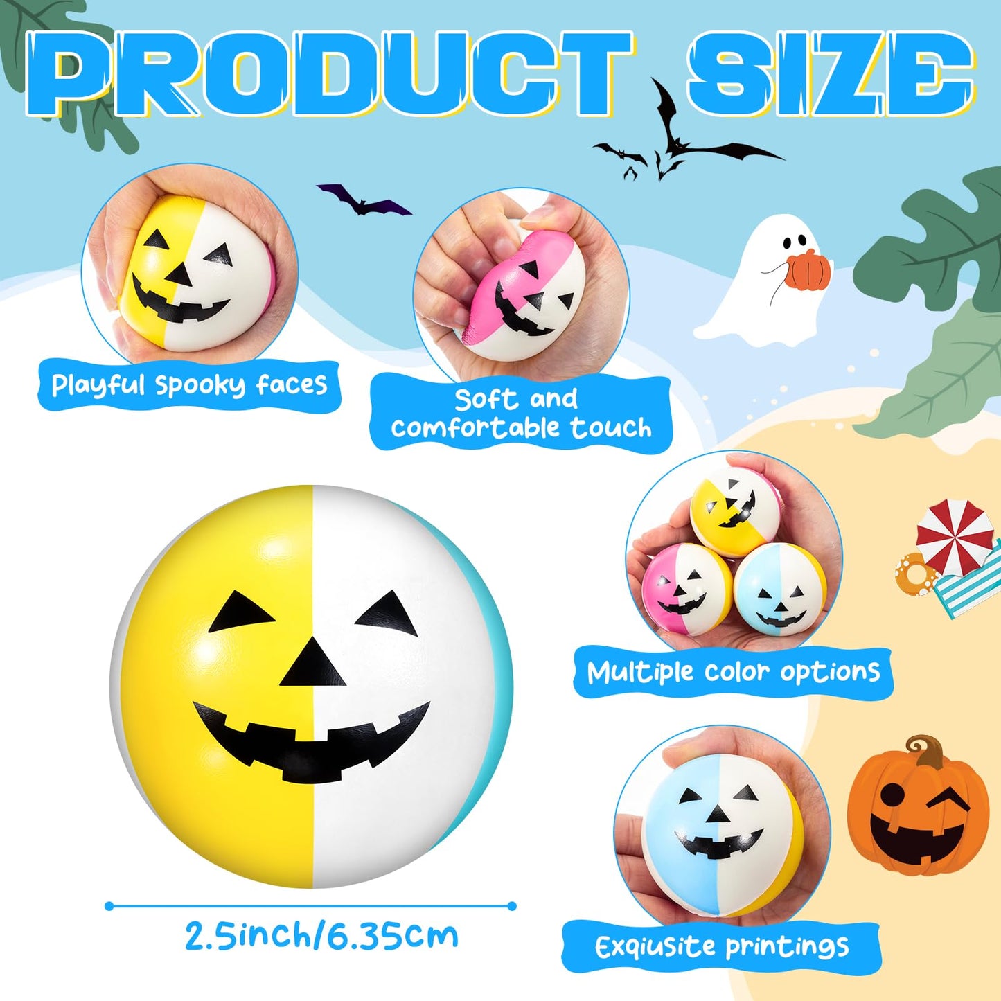 Roowest 24 Pcs Summer Halloween Stress Balls 2.5 Inch Mini Beach Stress Ball for Summer Halloween Party Favor Carnival Reward Beach Games