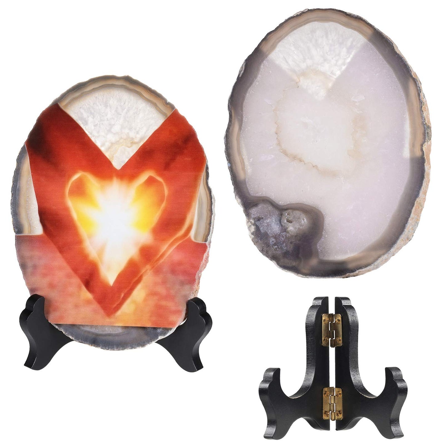 mookaitedecor Natural Agate Slice Art Print Heart Gesture Table Display with Wooden Stand, Irregular Agate Geode Stone Figurine for Office & Home Decoration