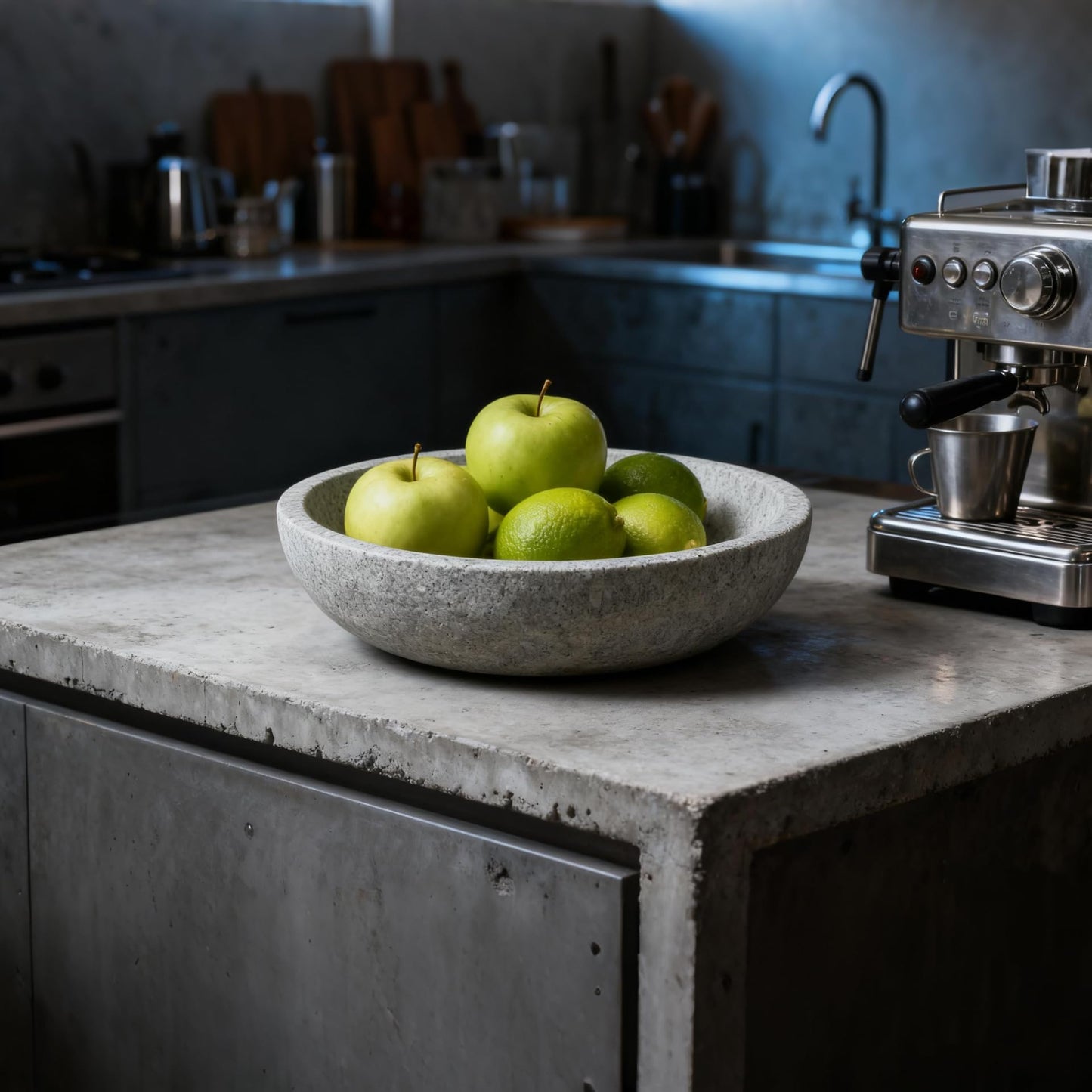 Silver Gray Travertine Bowl, 7.8" Modern Natural Stone Centerpiece for Industrial Home Decor, Handmade Fruit Bowl, Futuristic Tabletop Sculpture,Kitchen Counter, Entryway & Office Desk Organizer