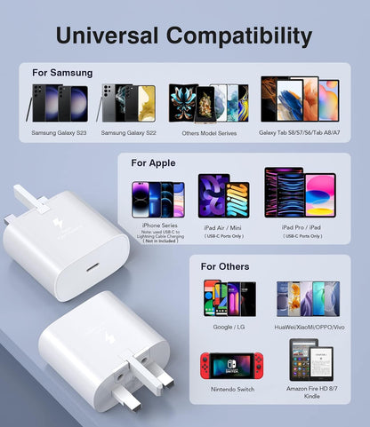 2-Pack Samsung Super Fast Charger, USB C Charging Plug UK and 2M Cable USBC to Type C for Phone Samsung Galaxy S24 S23 Ultra S22 fe S21+ S20 A33 A34 A35 A55 A53 A54 A16 A15 A14 A13 A12 A05S A04S A32
