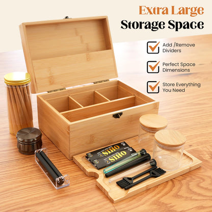 Coozyupper Large Bamboo Storage Box with Removable Tray Kit - Decorative Box Set, Glass Jars, and Accessories Wooden Storage Kit and Accessories Tool.Birthday Gifts