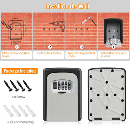 Key Lock Box Wall Mounted, Fayleeko 4 Digit Combination Lockbox for Outside, House Keys - 5 Keys Capacity, Key Safe Security Storage Lock Box for Indoor, Outdoor, Garage, Garden, Store (Grey, 1Pack)