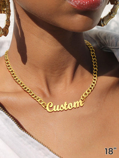GoldChic Custom Name Necklace for Men, Gold Nameplated Personalized Initial Name Choker Necklace with Curb Chain Personalized Jewelry Gift for Women