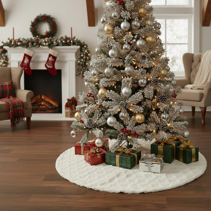 AISENO 48 Inch Christmas Tree Skirt Faux Fur with Cable Knit Knitted Thick Decoration for Merry Christmas Decorations