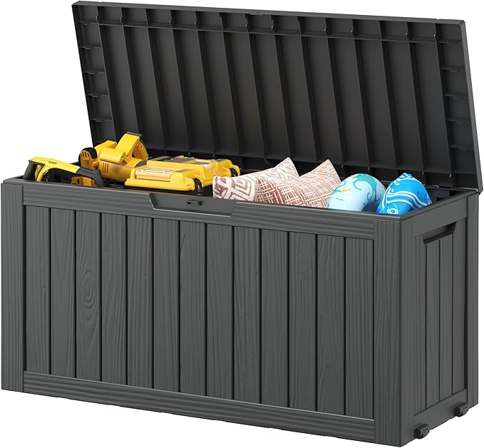 Outdoor Storage Box, Resin Deck Boxes Indoor and outdoor, Waterproof Storage Box Lockable Lid (Black, 85 Gallon)