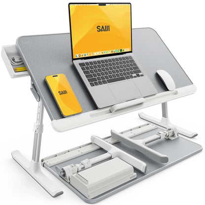 SAIJI Laptop Bed Tray Table - 23.6" x 13" Adjustable Portable Standing Desk with Storage Drawer, Foldable Lap Desk Fits 17" Laptop, PVC Leather for Couch Sofa (Gray)