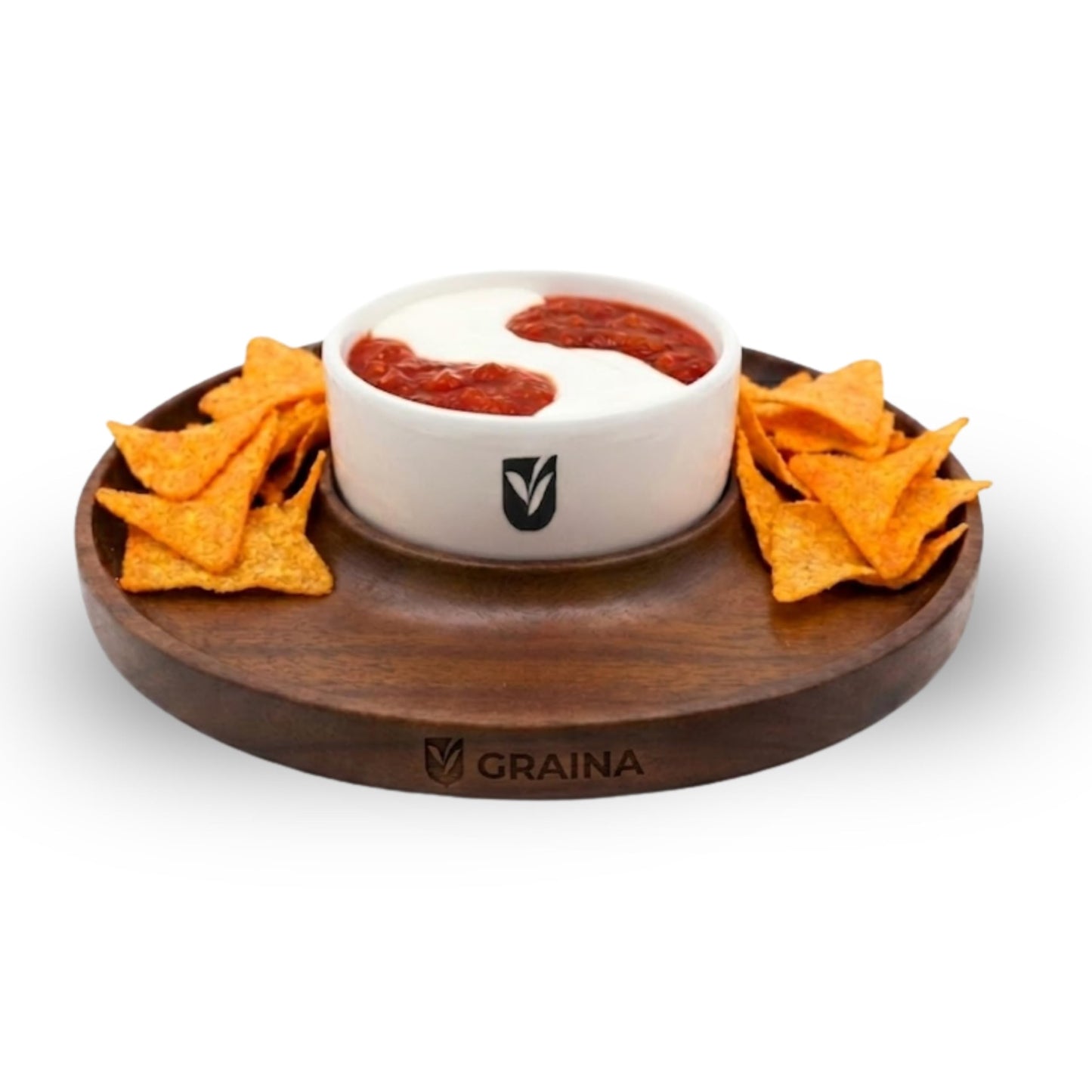 Graina Premium Wooden Chip and Dip Serving Tray Set – Dark Walnut Large Serving Tray with Ceramic Dip Bowl & 2 Wooden Spoons – Chip and Dip Bowl Set for Chips, Snack & Entertaining | Appetizer Platter