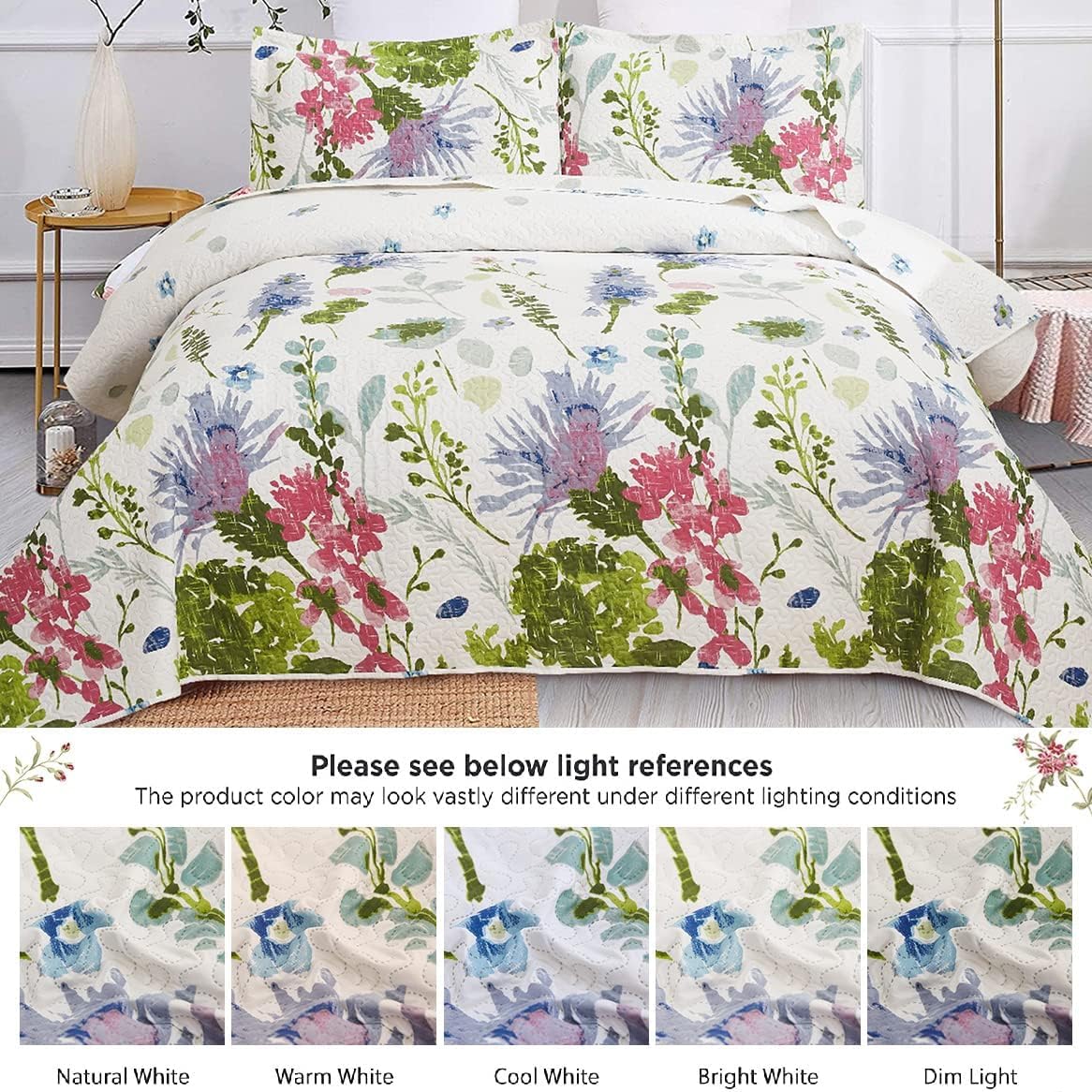 Lightweight Thin Multicolor Botanical Bedspread Coverlet Set King Size Breathable Blue Purple Green White Flower Plant Garden Quilts Bed Cover Floral Bedding with 2 King Random Pillow Shams