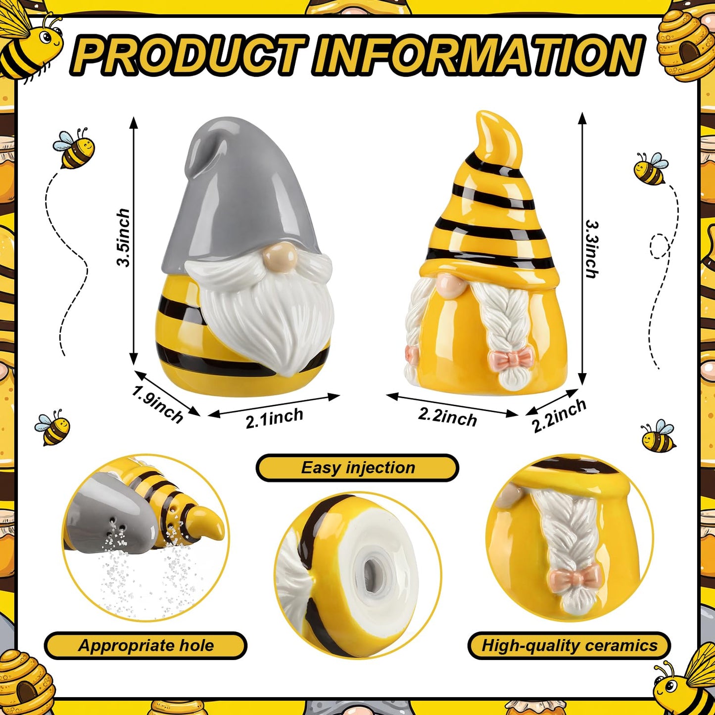Vesici Honey Bee Salt and Pepper Shakers Set of 2 Bee Gnome Salt and Pepper Shakers 3.3 Inch Spring Gnome Ceramic Tabletop Figurines for National Honeybee Day Gifts Kitchen Counter Accessories