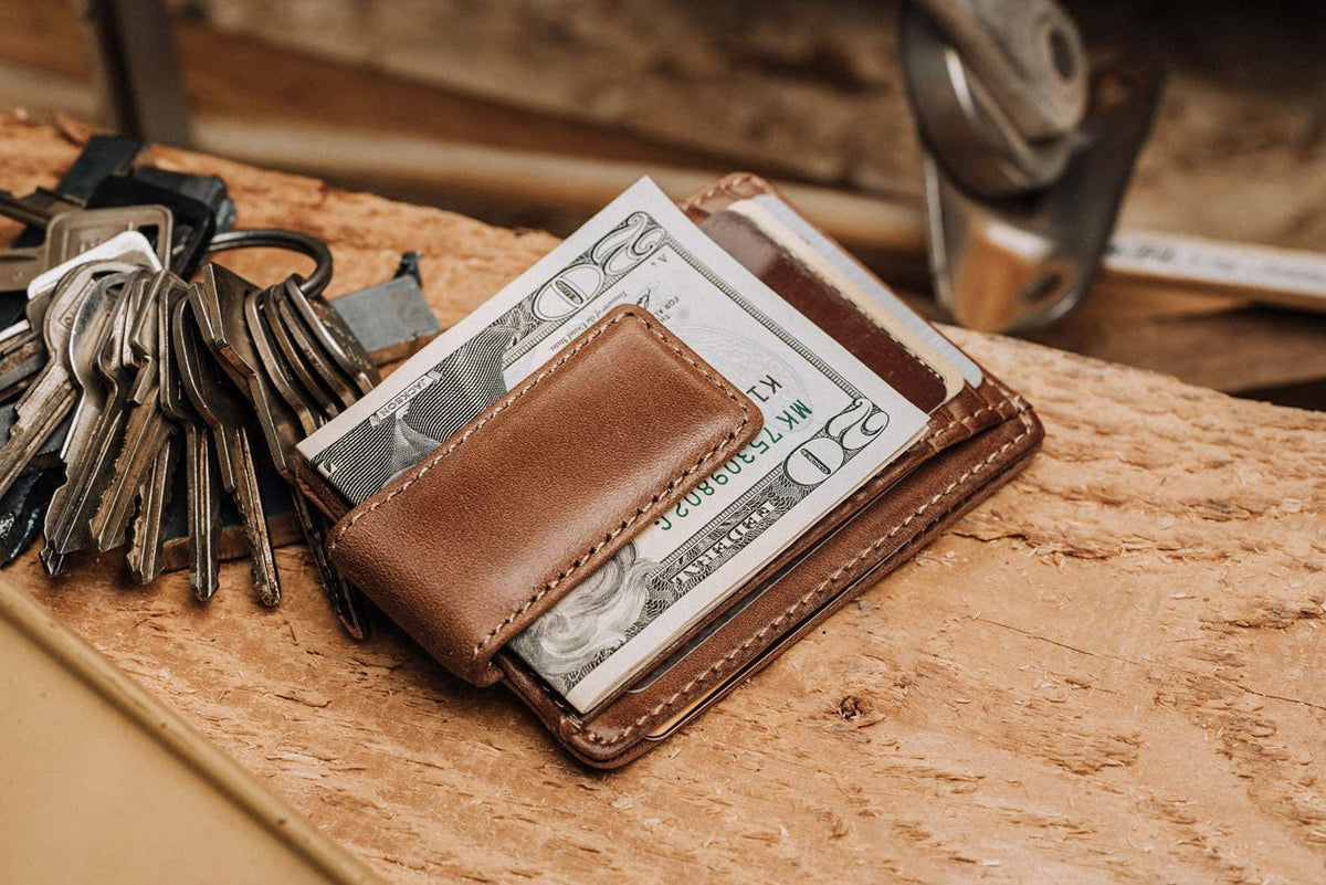 House of Jack Co. Carryall Slim Money Clip Wallet for Men, Strong Magnetic Clip, Front Pocket Wallet Card Holder, Full Grain Cowhide Leather,Tan
