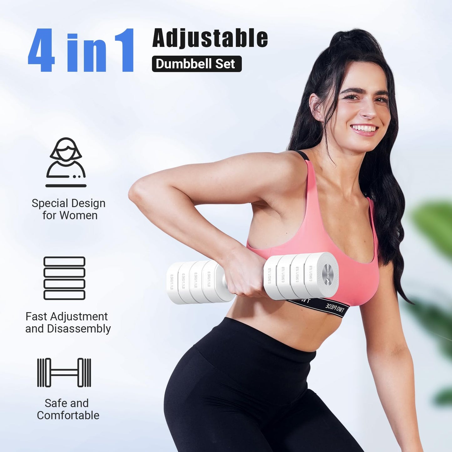 MERACH Dumbbell Set of 2, Adjustable Weight, Anti-slip Handle, Macaron Colors, Each 2.2/4.4/6.6/8.8 lbs, 4 in 1 Hand Weights for Women at Home