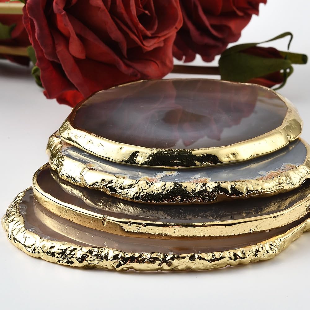 Blueshyhall Natural Agate Coasters Bar Beer Coffee Tea Coaster,White Agate Slices Cup Mat with Gold Plated Edge for Home Decor （Set of 4）