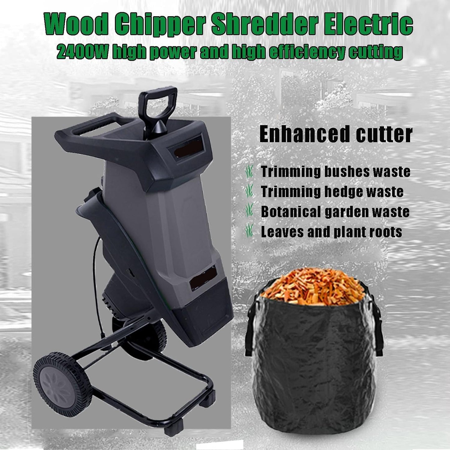 JOSBY 4500rpm Portable Wood Chipper, 2400W Garden Leaf Shredder with 50L Collection Bag&30m Power Cord, 110V/220V Electric Branch Crusher, Overload Protection Switch&Safety Knob, for Courtyard, Park