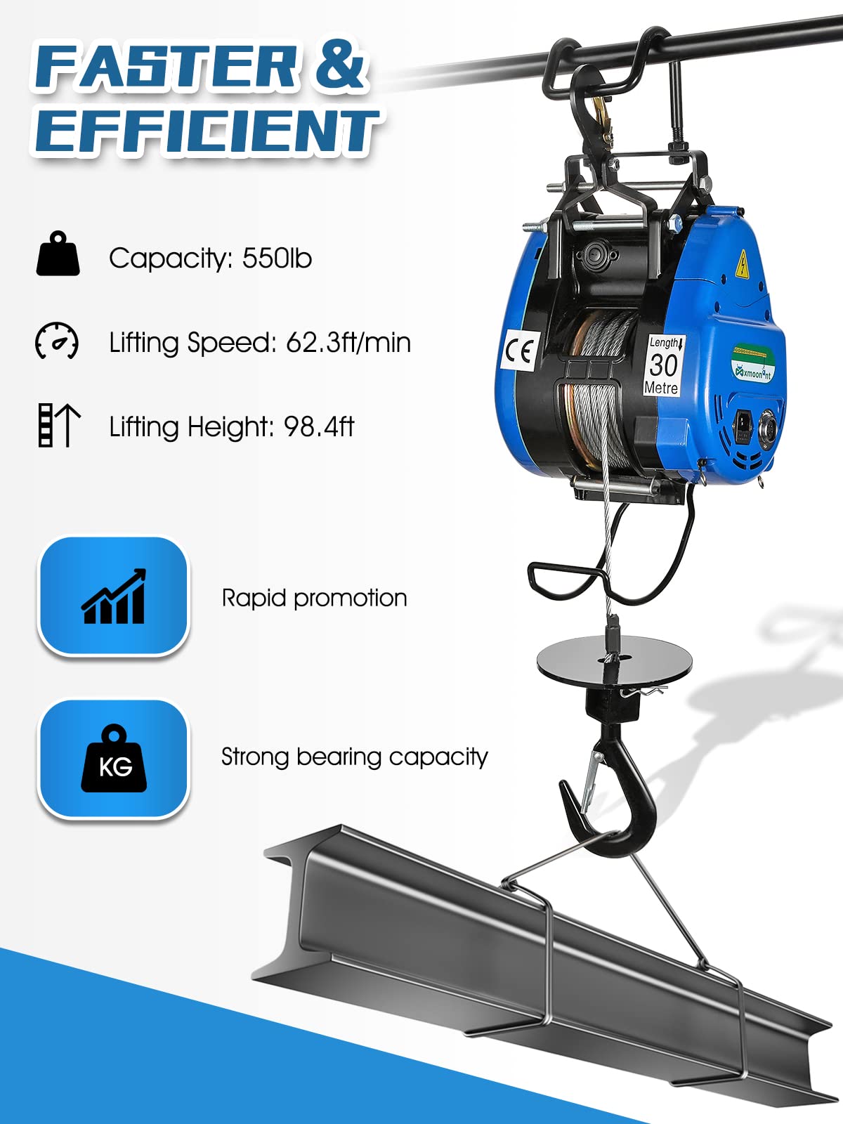 Mxmoonant 250kg Electric Hoist Winch, 19m/min Fast Electric Cable Hoist with Remote, 98ft/30m Lifting Height for Attic, Garage, Workshop, Warehouse, Factory