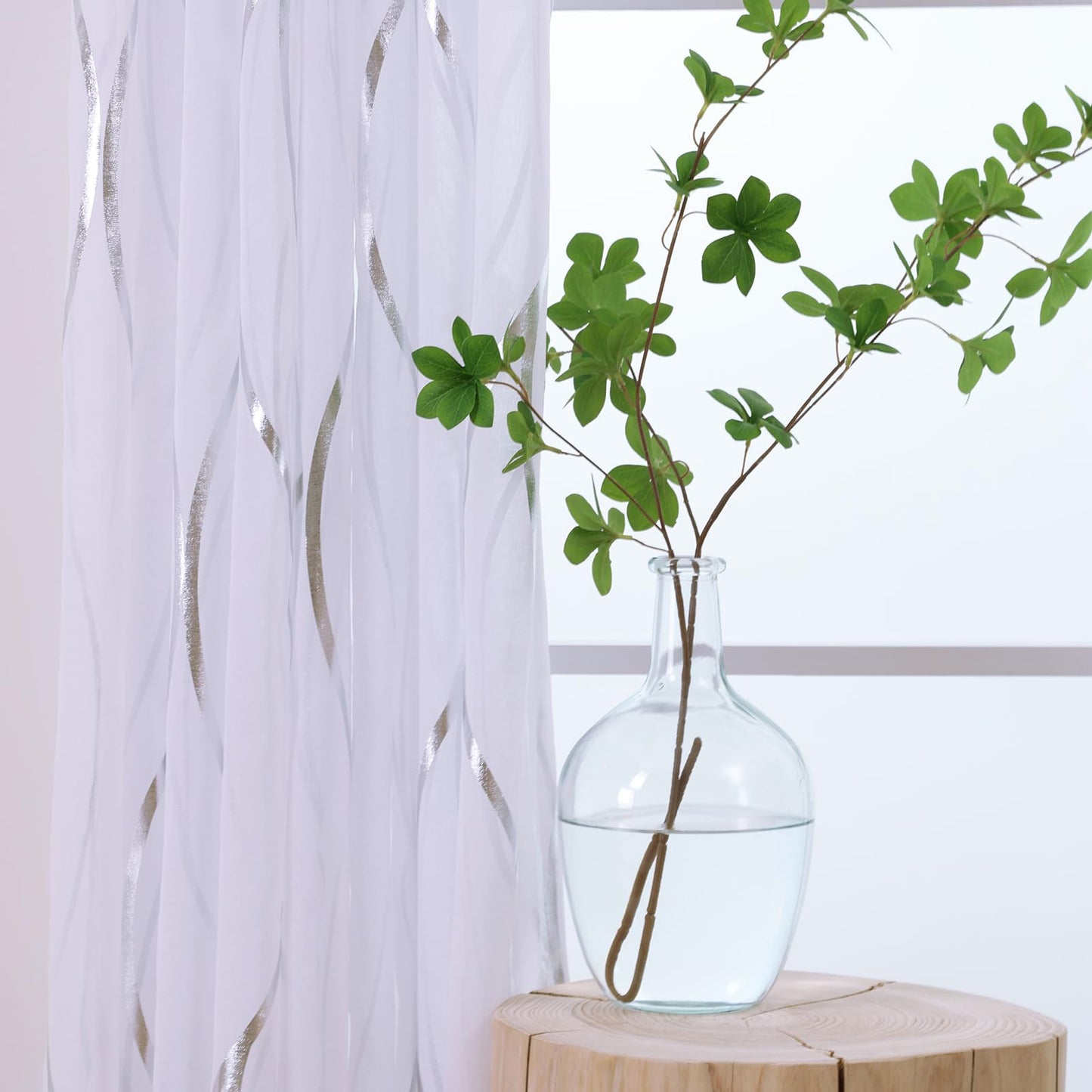 L.Z.E White and Silver Curtains for Living Room, See Through White Sheer Curtains 84 Inches Long 2 Panels Set, Grommet Transparent Window Drapes with Elegant Wave Patterns