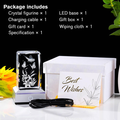 YWHL 3D Crystal Butterfly Gifts for Women, Laser Engraved Butterfly and Lily Flower Figurines with Light Base for Butterfly Lovers Nature Lovers, Gifts for Birthday Christmas