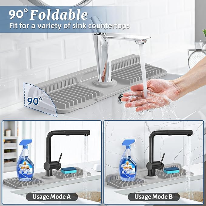 PoYang 17.7 inch Faucet Mat for Kitchen Sink Splash Guard, 7° Slope Silicone