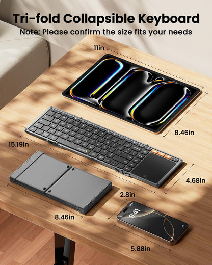 ProtoArc Foldable Keyboard with Touchpad, XK01 TP Folding Portable Keyboard, Full Size Keys, Large Trackpad Bluetooth Travel Keyboards for Laptop PC Tablet - Black