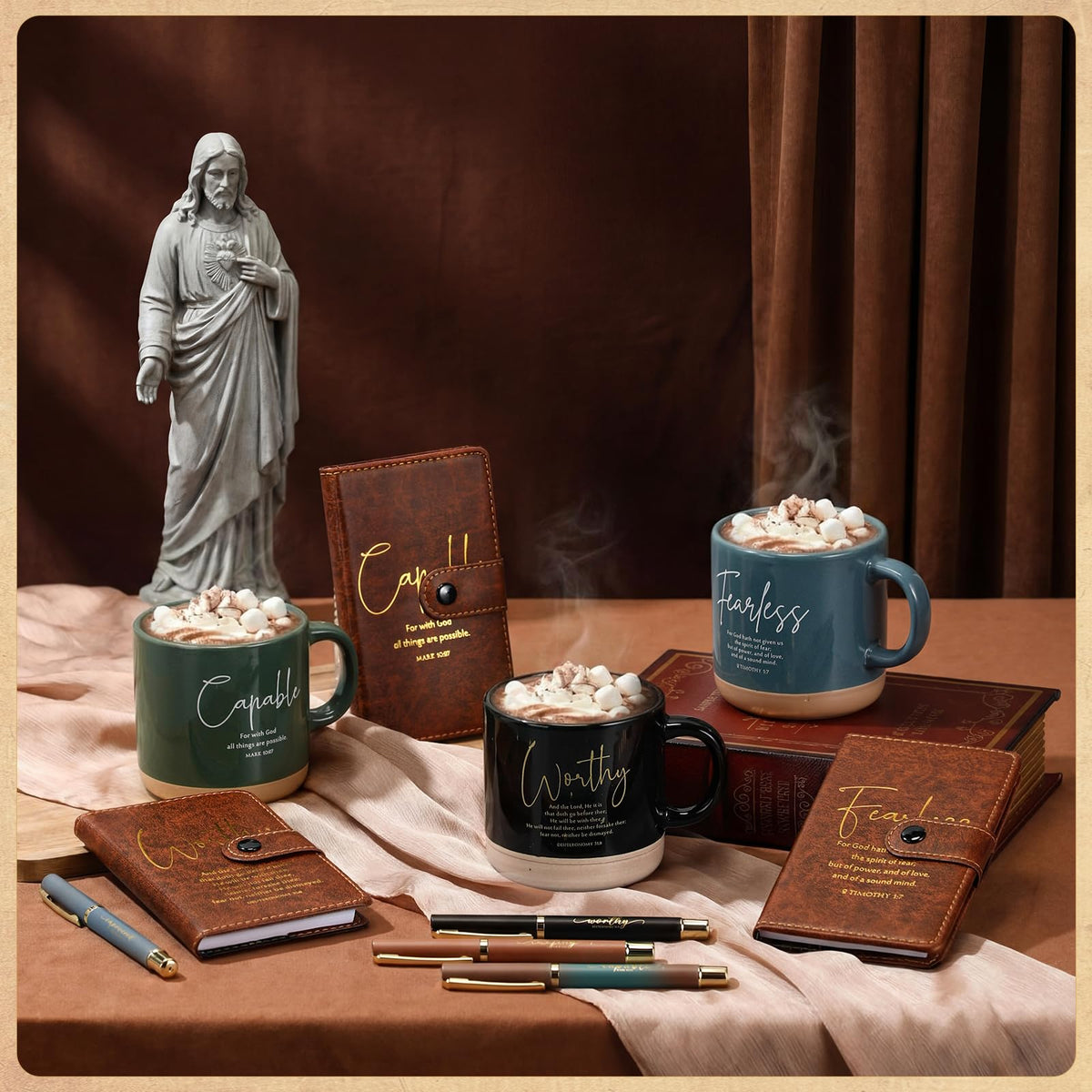 Potchen 18 Pcs Christian Gift Set for Women Men, 13oz Bible Verse Ceramic Coffee Mugs with Leather Journal Pen Inspirational Religious Gifts for Office Coworkers Pastor Church (Bible,Neutral Brown)