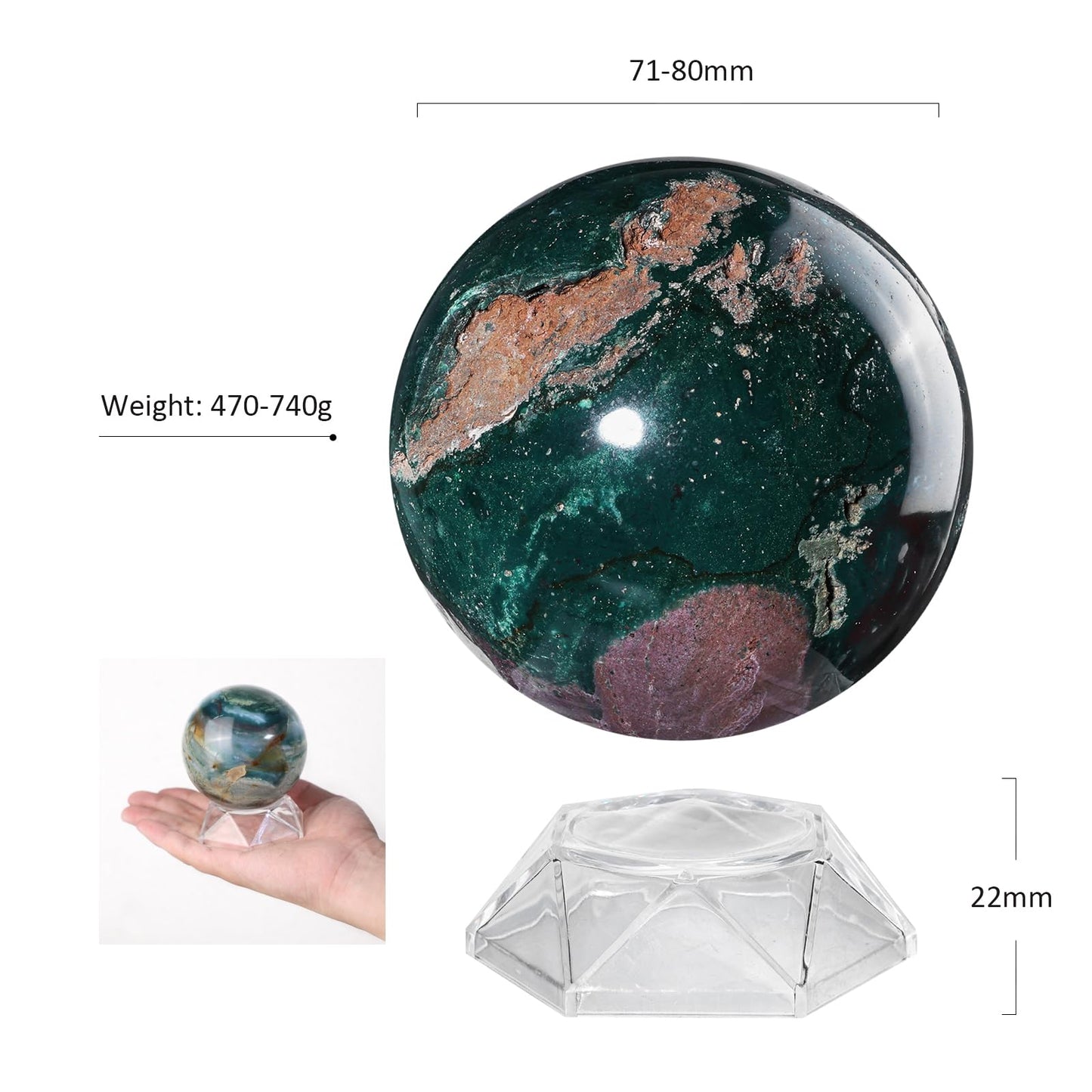 mookaitedecor Natural Ocean Jasper Crystal Ball with Acrylic Stand, 71-80 mm Feng Shui Divination Stone Sphere Sculpture for Home Office Table Display