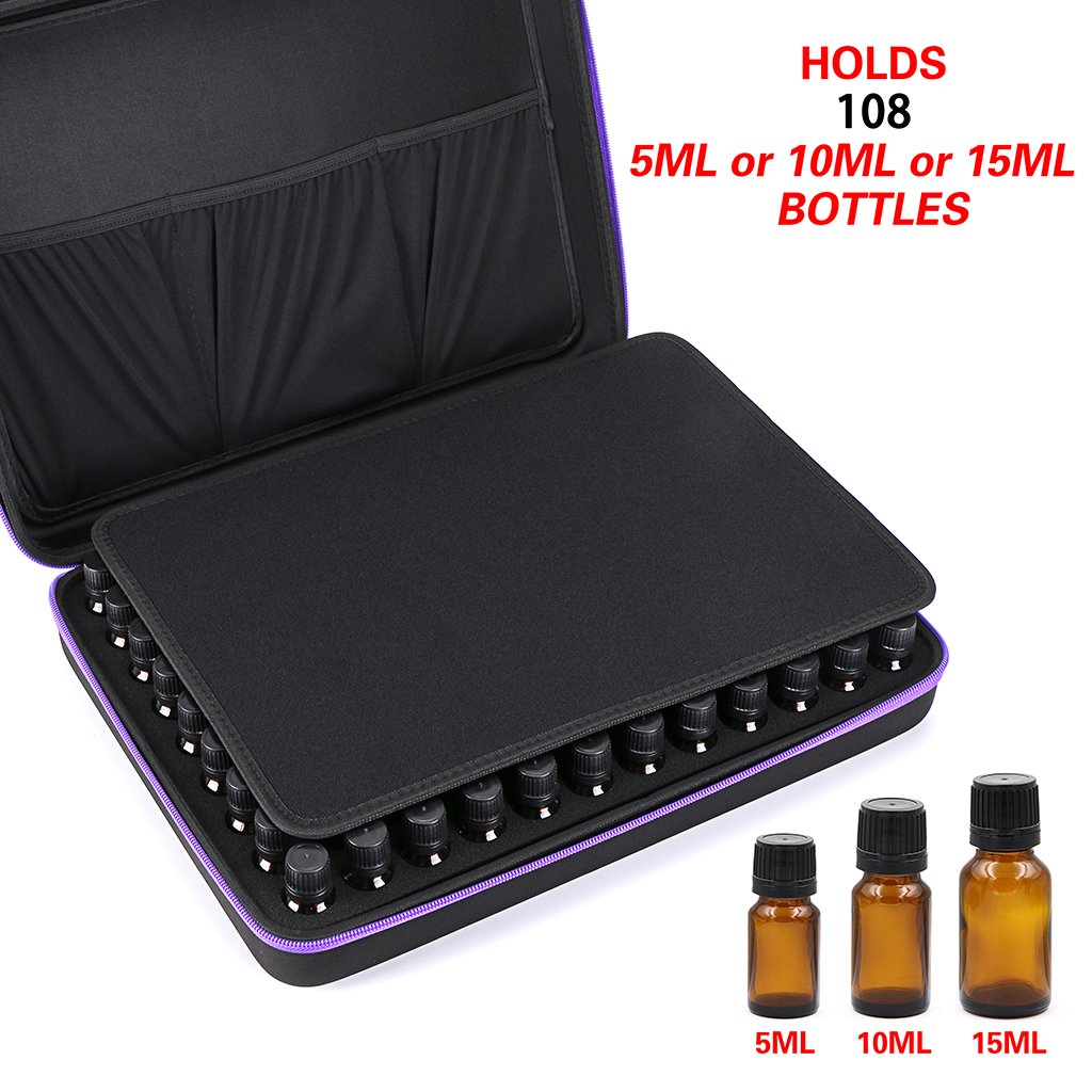 Hipiwe 108 Essential Oils Carrying Case Holds 5ml, 10ml, 15ml Bottles Hard Shell Exterior EVA Essential Oils Storage Organzier Bag with Foam Insert and Carrying Handle (Black+Purple 108)