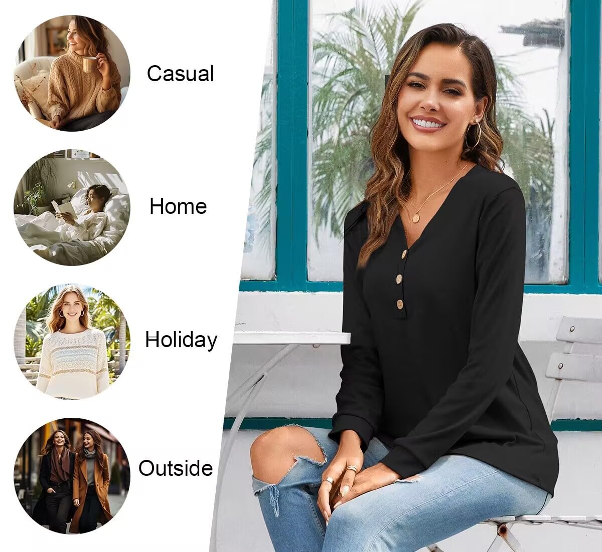 HOTGIFT Women Christmas Blouse Long Sleeve Tshirts Loose V-Neck Tunic Tops Snowflake-Red Large