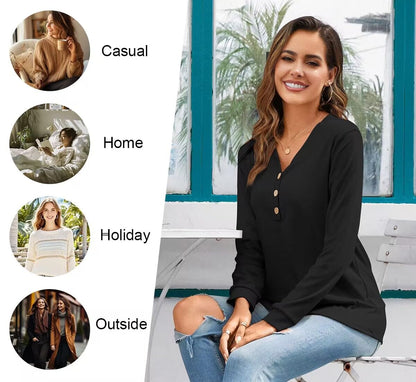 HOTGIFT Women Christmas Blouse Long Sleeve Tshirts Loose V-Neck Tunic Tops Snowflake-Red Large