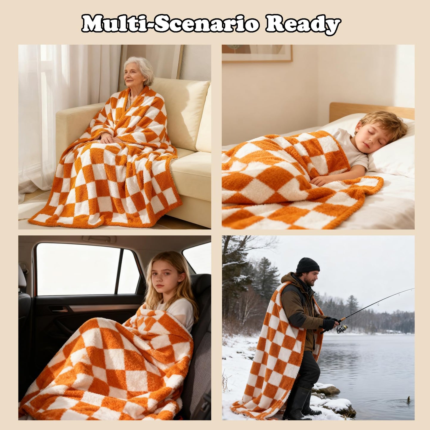 MorroMorn Checkered Throw Blanket for Couch, Orange Throw Blanket 2-Layers Soft Cozy Fleece Plaid Blankets Checkerboard Grid - Fluffy Fuzzy Plush Warm for Sofa Chair Bed Decor Gifts, 50x60 inches