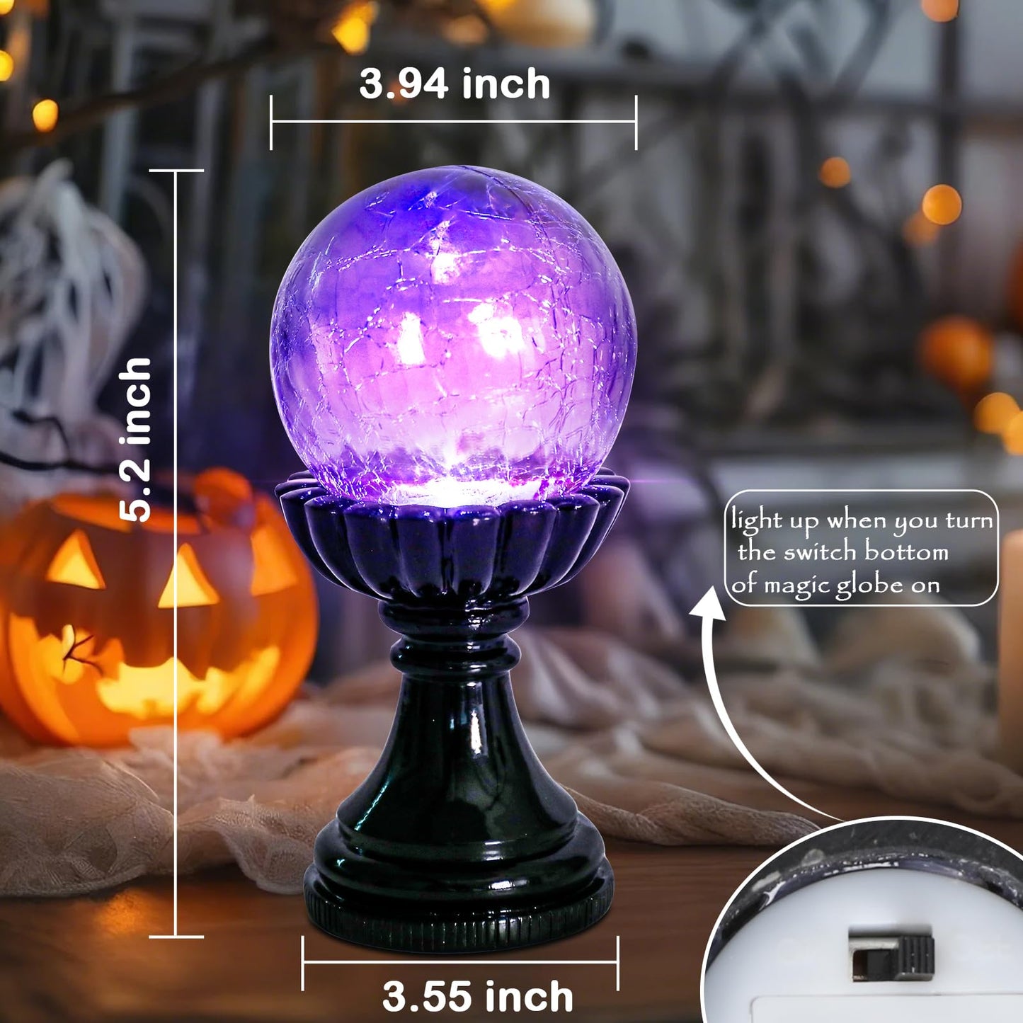 MUMTOP Halloween Indoor Decorations, Purple Glass Crackle Globe with LED Light Halloween Magic Ball Figurine Resin Statue for Home Kitchen Room Party Table Decor
