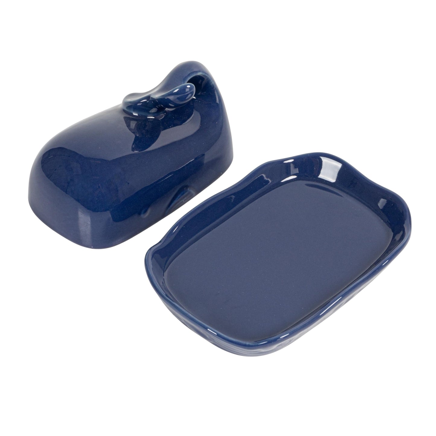 Creative Co-Op Dark Blue Whale Shaped Butter Dish with Lid