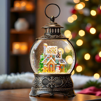 10" Christmas Snow Globes Lantern, Sparkling Musical Snowman Gingerbread House Lanterns, USB and Battery Powered Christmas Home Tabletop Decorations Gift