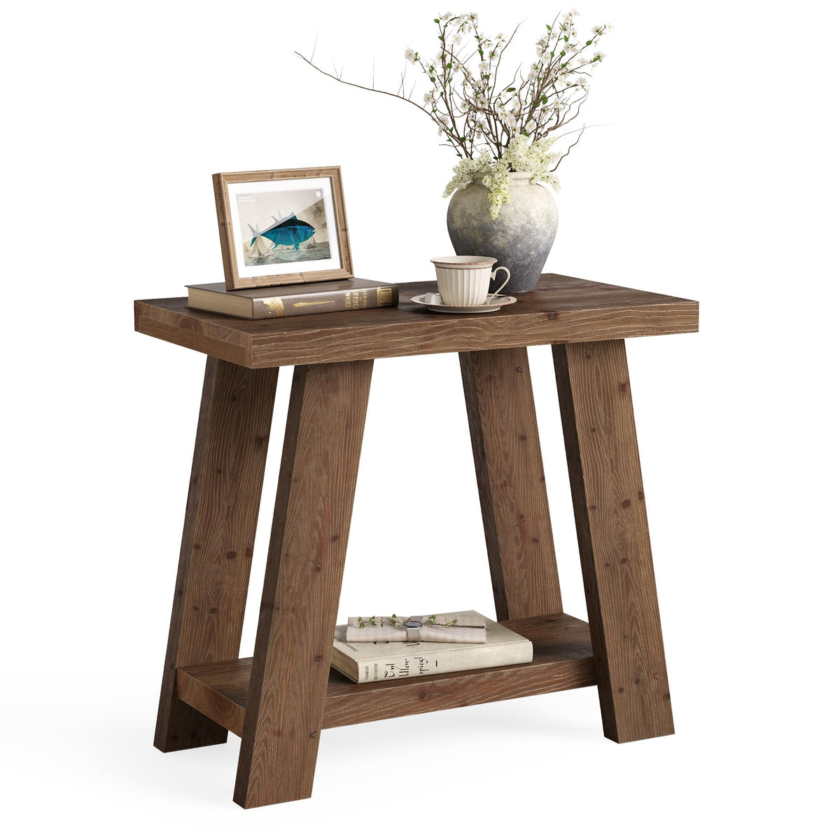 LITTLE TREE Solid Wood End Table, Small Side Table with 2-Tier Storage Shelf for Living Room, Rectangular Side Table for Couch, Bedside Table for Bedroom, Easy Assembly