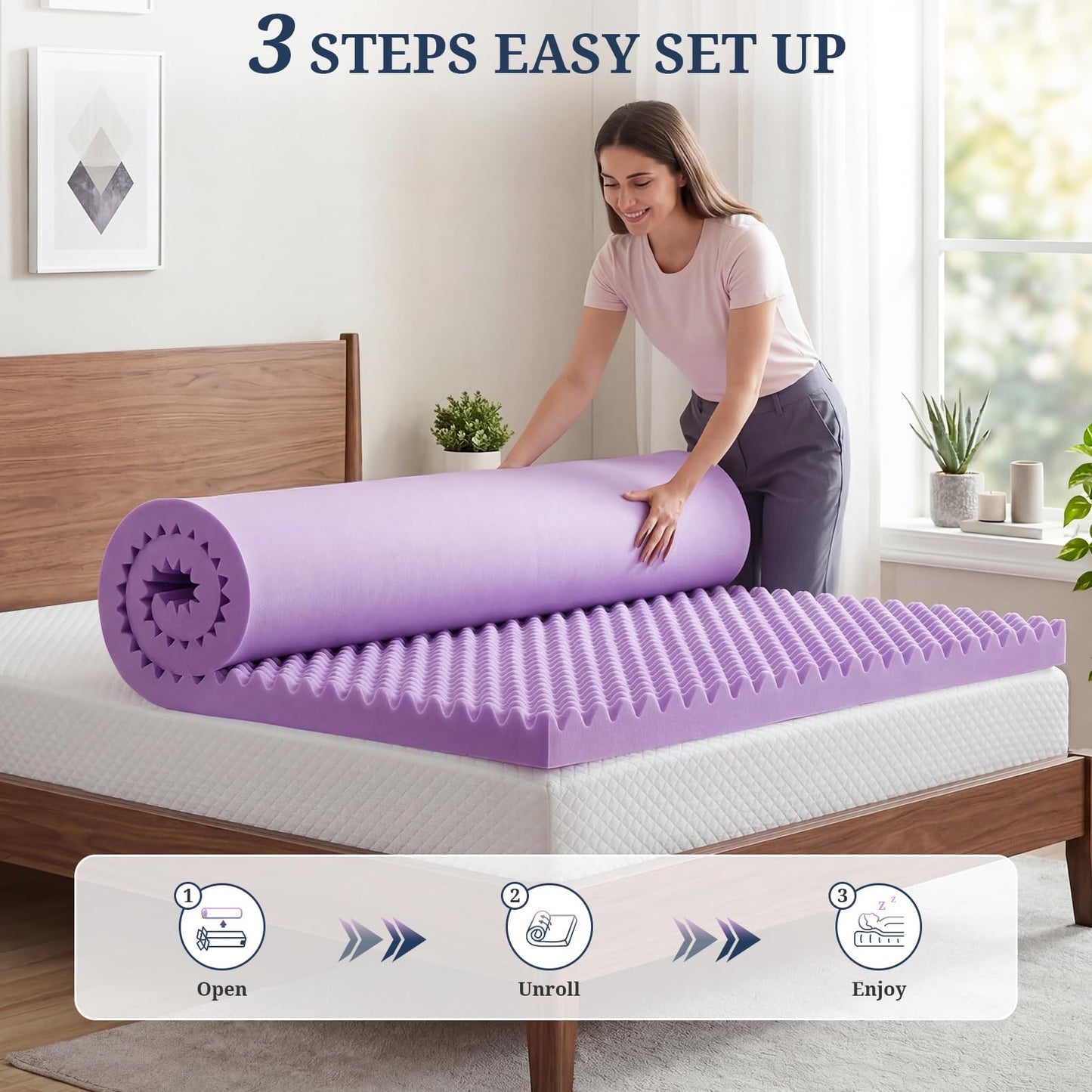 3 Inch Egg Crate Mattress Topper Queen, Gel Infused Memory Foam Mattress Topper for Pressure Relief, Breathable Mattress Pad Bed Topper in a Box, CertiPUR-US Certified, Purple, 60"×80"