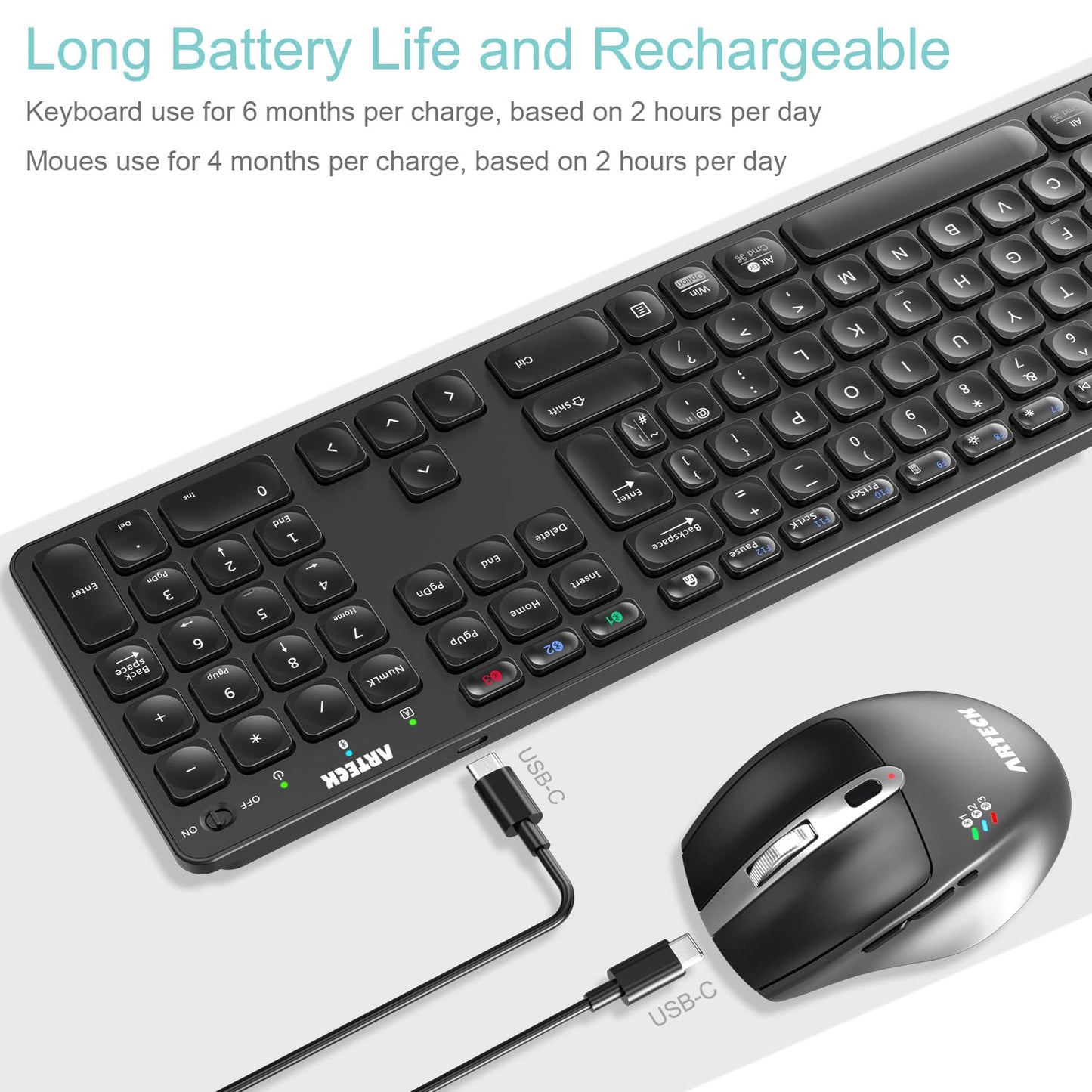Arteck Universal Multi-Device Bluetooth Keyboard and Mouse Full Size Wireless Bluetooth Keyboard and Ergonomic Mouse Set for Windows, iOS, Android, Computer Desktop PC Laptop iPad Tablet Smartphone