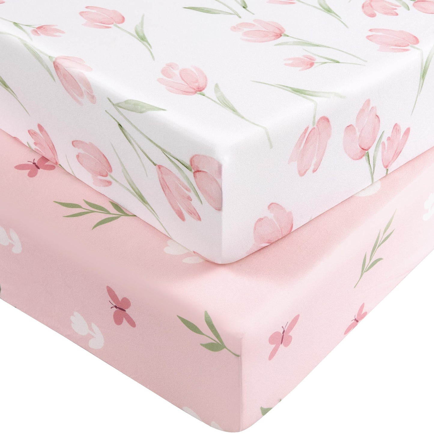 Nyessmee Mini Crib Sheets for Girls, 38" x 26" Pack and Play Fitted Sheets for Pack n Play Mattress, Soft Breathable Playard Sheets, 2-Pack Pink Tulips