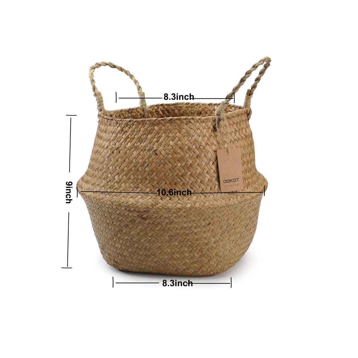 DOKOT Seagrass Plant Basket with Handles, Wicker Woven Storage Basket (8.3inch Diameter x 9inch Height), Natural